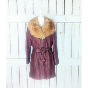 70s vintage brown faux leather belted sheepskin fur collar jacket brown pleather